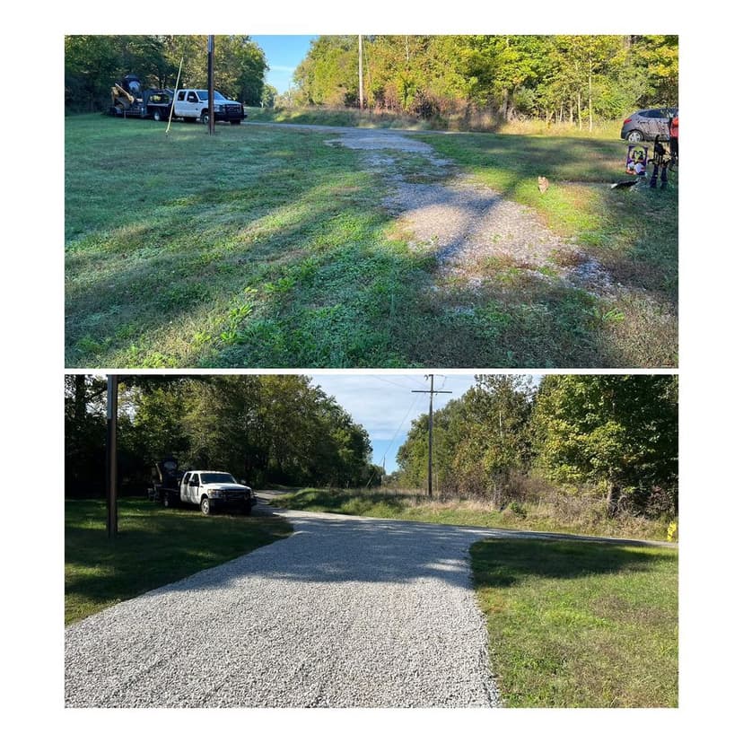 Before and after images showing a gravel road improvement in a wooded area with vehicles.