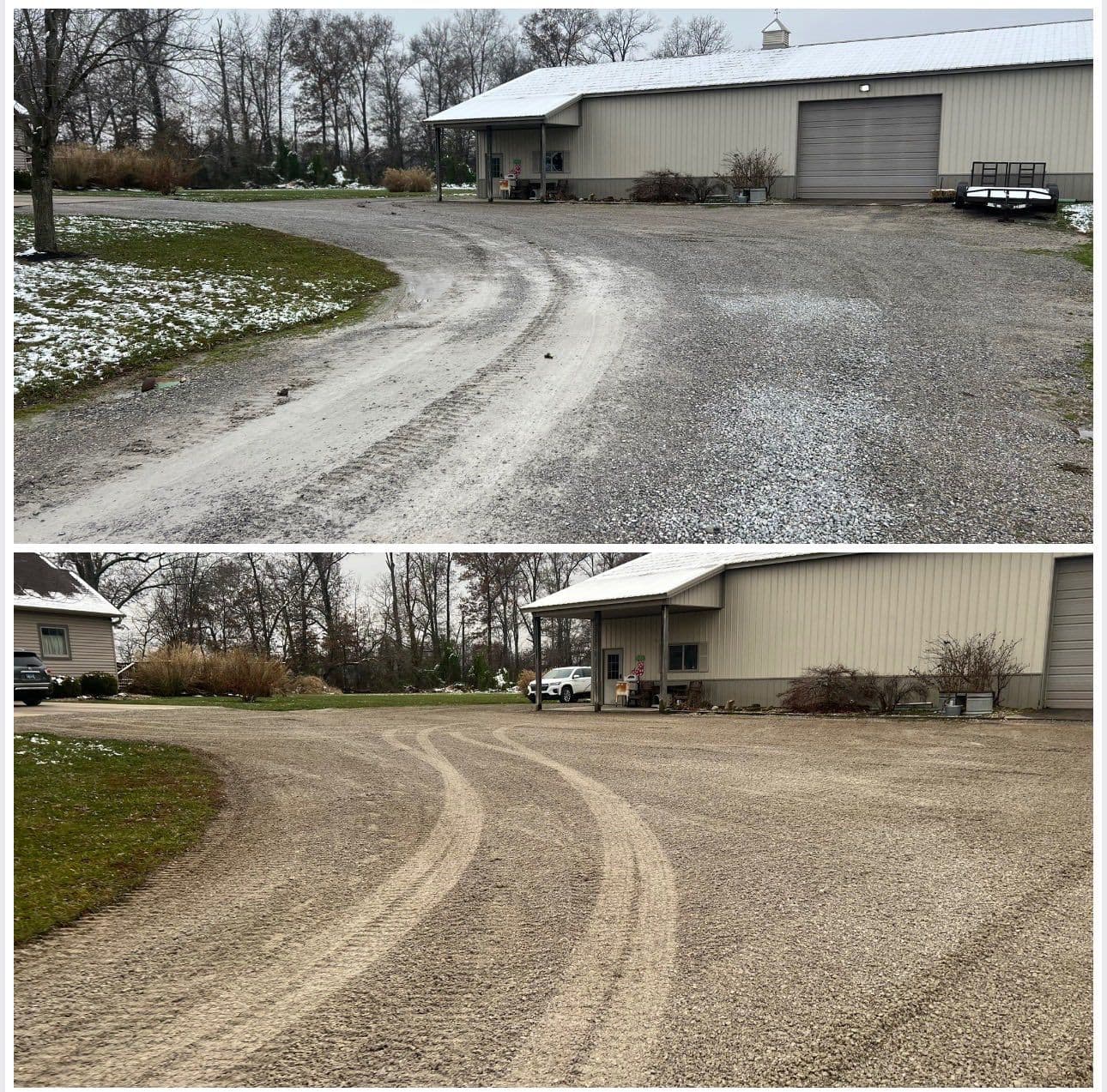 Gravel driveway with tire tracks leading to a building in a winter landscape.